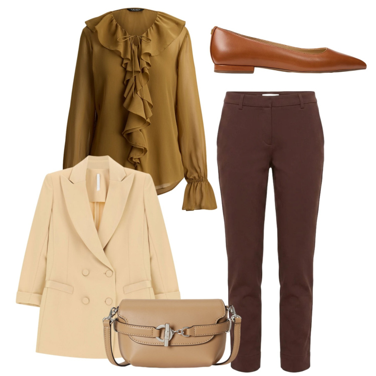 Outfit donna - Total fall. Stile Bon Ton per Ufficio. Abbinamento con pantaloni, blazer, ballerine, borse a tracolla, camicie.