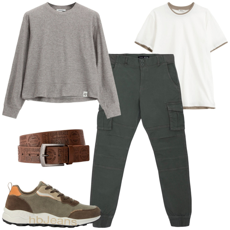 Outfit uomo - Settembre. Stile Casual per Tutti i giorni. Abbinamento con cinture, sneakers, t-shirt, felpe, pantaloni cargo.