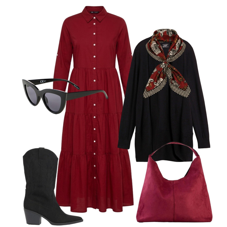 Outfit donna - Chemisier e texani in autunno. Stile Boho per Tutti i giorni. Abbinamento con cardigans, occhiali da sole, borse a spalla, stivaletti texani, vestiti chemisier, foulard.