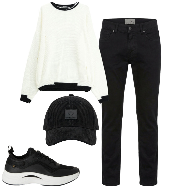 Outfit uomo - Fall. Stile Casual per Tutti i giorni. Abbinamento con pantaloni, maglieria, sneakers, cappelli con visiera.