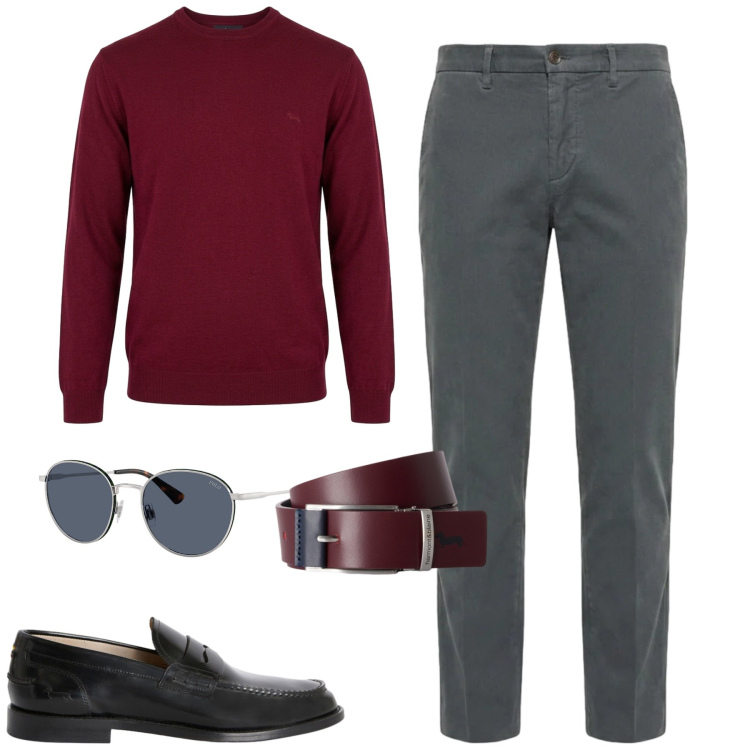 Outfit uomo - City. Stile Urban per Tutti i giorni. Abbinamento con scarpe stringate, cinture, pantaloni, maglieria, occhiali da sole.