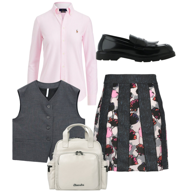 Outfit donna - Total Ufficio. Stile Bon Ton per Ufficio. Abbinamento con minigonne, gilet, mocassini, zaini, camicie.