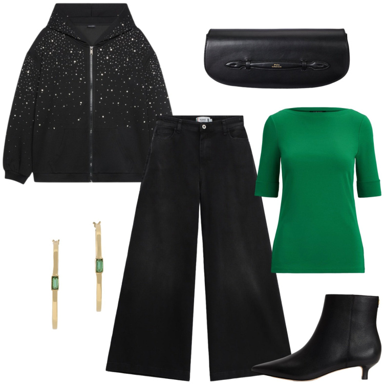 Outfit donna - Verde spot. Stile Casual chic per Serata fuori. Abbinamento con jeans, felpe con cappuccio, clutch, t-shirt, stivaletti, orecchini.