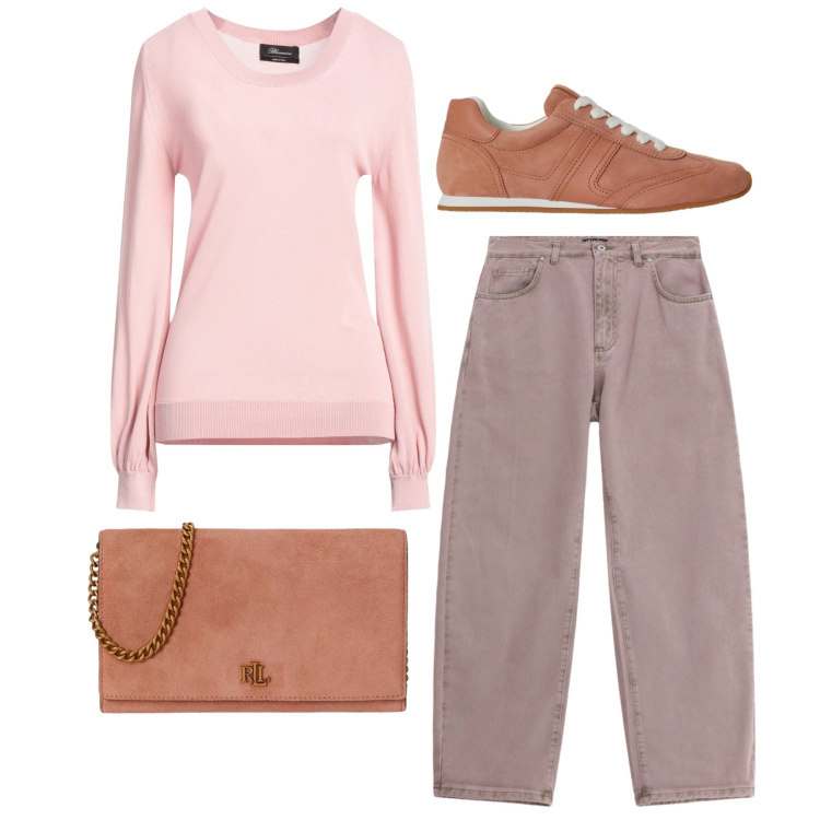 Outfit donna - Total pink. Stile Casual per Tutti i giorni. Abbinamento con pullovers, jeans, sneakers, borse a tracolla.