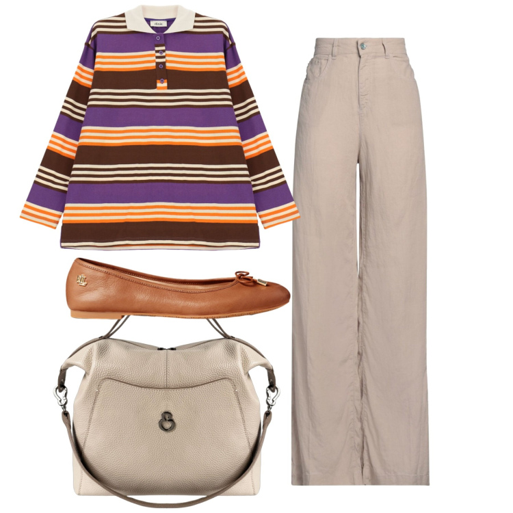 Outfit donna - Total look. Stile Bon Ton per Tutti i giorni. Abbinamento con jeans, polo, borse a mano, ballerine.