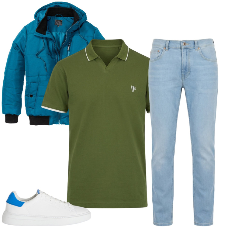 Outfit uomo - Total look #2471333. Stile Casual per Tutti i giorni. Abbinamento con bomber, sneakers, jeans, polo.