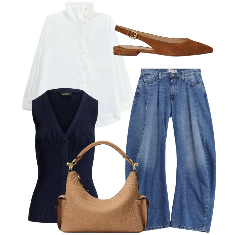 Outfit donna - Casual curato. Stile Casual chic per Tutti i giorni. Abbinamento con jeans, camicie, ballerine, borse a spalla, cardigans.