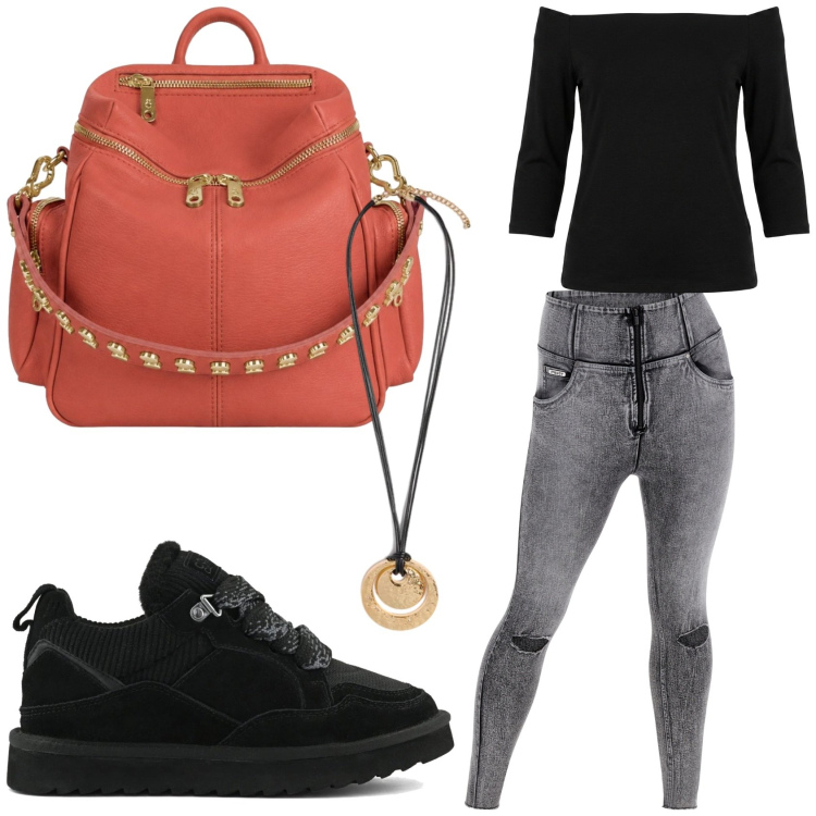 Outfit donna - I jeans Freddy. Stile Basic per Tutti i giorni. Abbinamento con jeans strappati, ciondoli, zaini, t-shirt, sneakers alte.