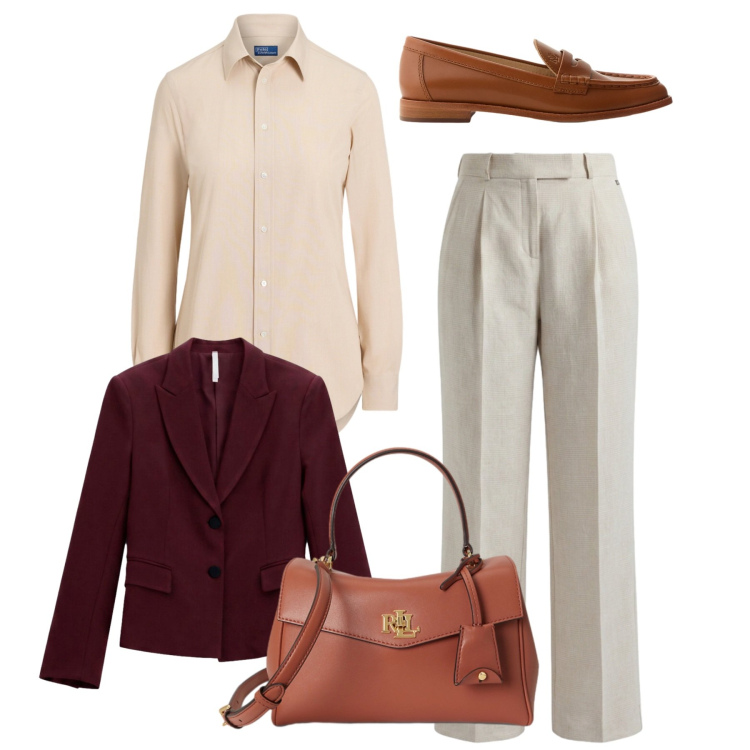 Outfit donna - Autunno. Stile Bon Ton per Ufficio. Abbinamento con pantaloni, blazer, mocassini, borse a mano, camicie.