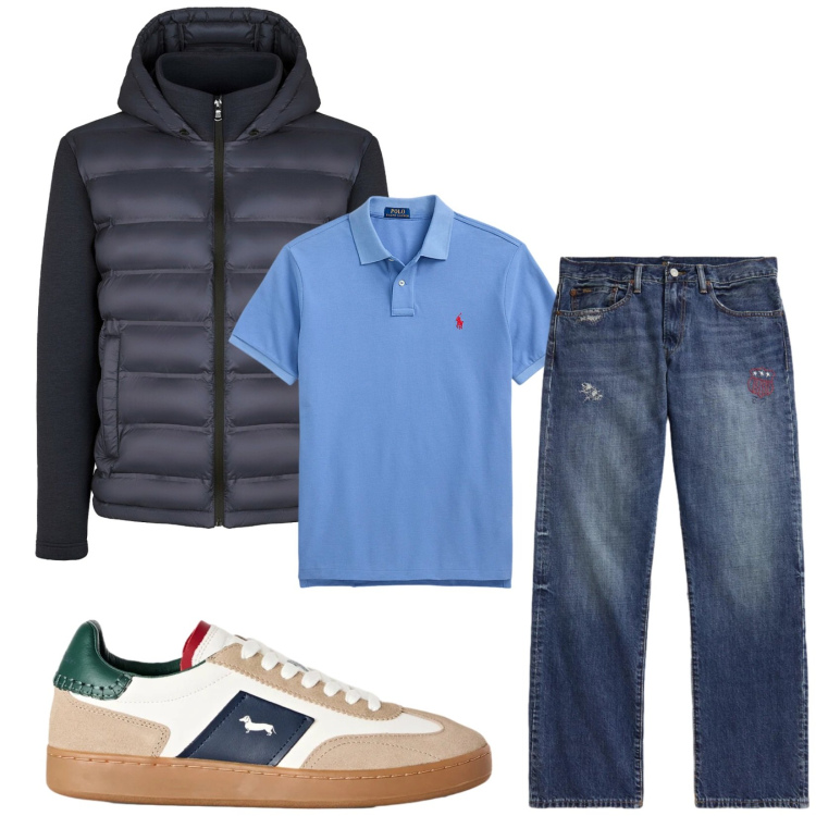 Outfit uomo - Total look #2471344. Stile Casual per Tutti i giorni. Abbinamento con sneakers, piumini, polo, jeans dritti.