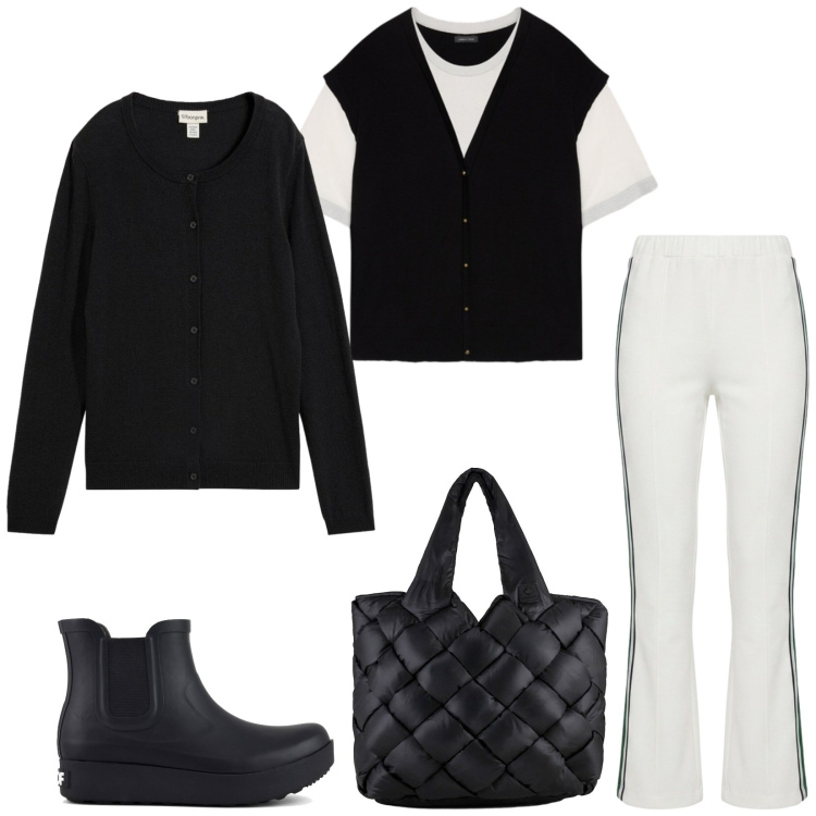 Outfit donna - Total look #2471345. Stile Casual per Tutti i giorni. Abbinamento con cardigans, pantaloni, maglieria, borse tote, stivali.