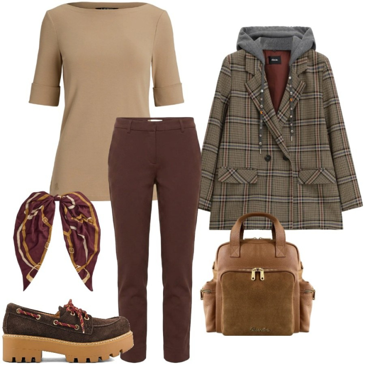 Outfit donna - I colori dell\' autunno. Stile Preppy per Scuola/Università. Abbinamento con pantaloni, blazer, zaini, t-shirt, foulard, mocassini.