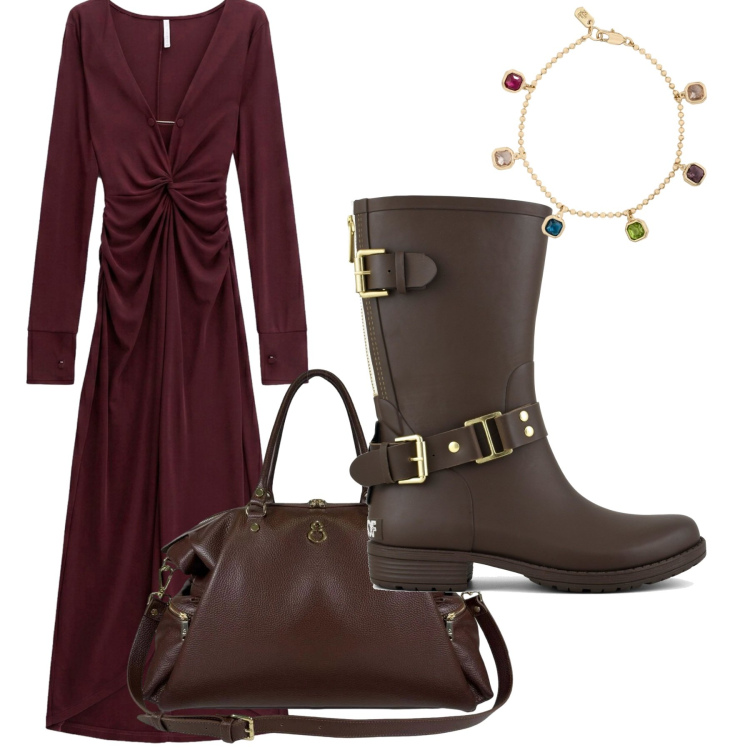 Outfit donna - West and Co. Stile Boho per Tutti i giorni. look ideale per Tall. Abbinamento con vestiti lunghi, borse a spalla, braccialetti, stivali.