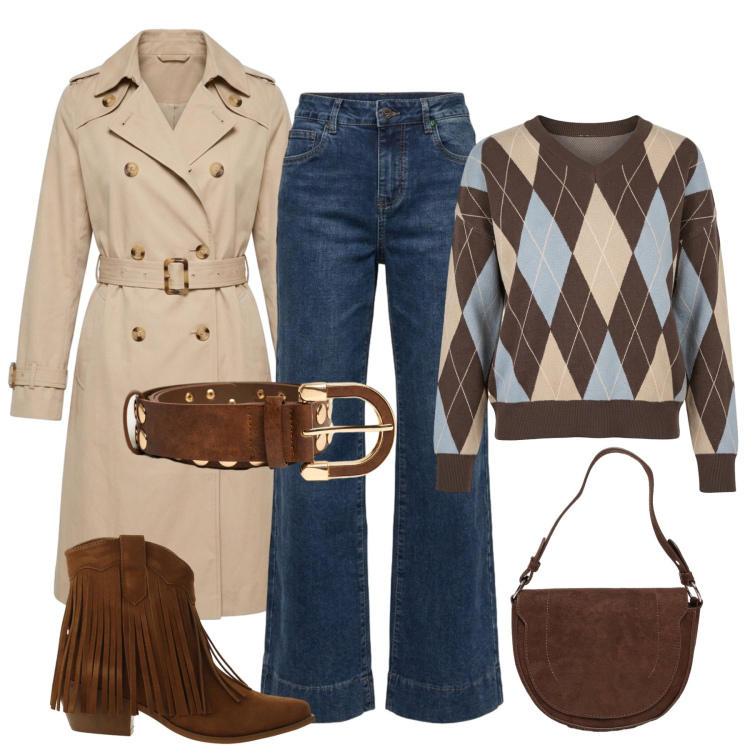Outfit donna - Suede choco details. Stile Casual per Tutti i giorni. Abbinamento con stivaletti texani, jeans, trench, cinture, maglieria, portafogli.
