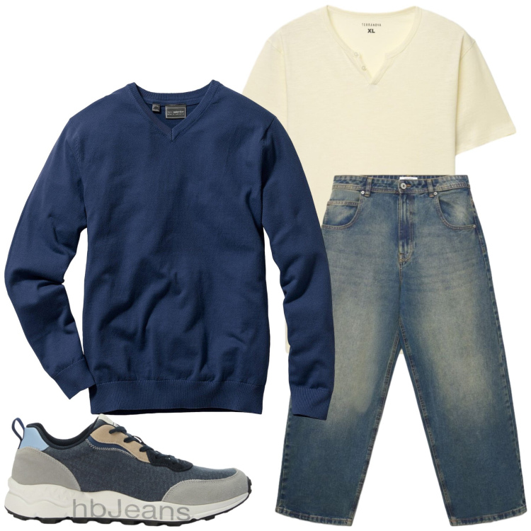 Outfit uomo - Luca. Stile Casual per Tutti i giorni. Abbinamento con maglieria, sneakers, t-shirt, jeans.