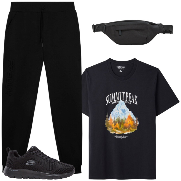 Outfit uomo - Riccardo. Stile Casual per Tutti i giorni. Abbinamento con sneakers, t-shirt, borse sportive, pantaloni.