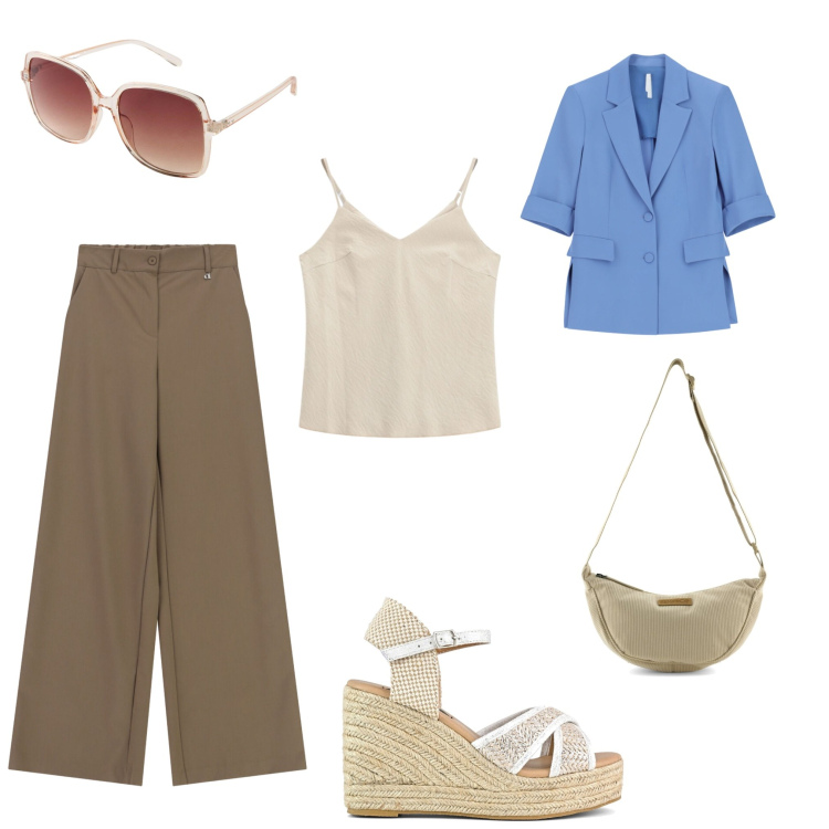 Outfit donna - Pomeriggio a passeggio. Stile Urban per Tutti i giorni. Abbinamento con occhiali da sole, blazer, canottiere, pantaloni a palazzo, zeppe, borse a tracolla.