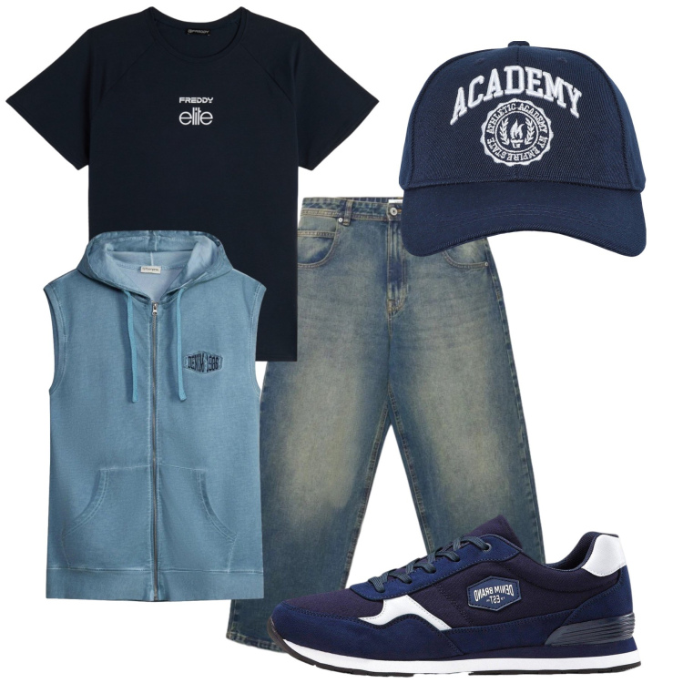 Outfit uomo - Total look #2471364. Stile Casual per Tutti i giorni. Abbinamento con sneakers, gilet, cappelli con visiera, jeans, t-shirt.