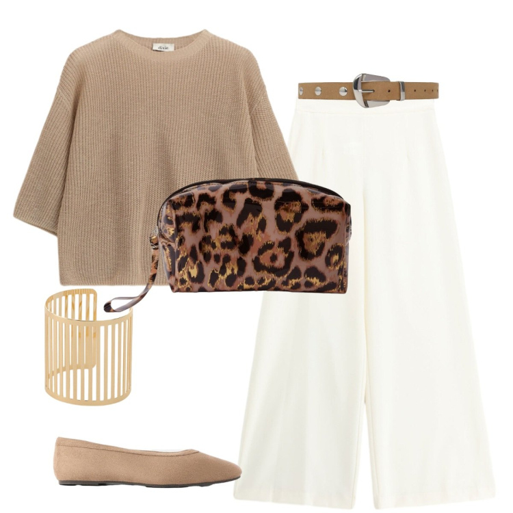 Outfit donna - Eleganza. Stile Chic per Serata fuori. Abbinamento con pantaloni a palazzo, braccialetti, maglieria, cinture, pochette, ballerine.