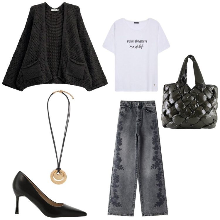 Outfit donna - Urban chic. Stile Urban per Tutti i giorni. Abbinamento con décolleté, jeans, cardigans, ciondoli, t-shirt, borse tote.
