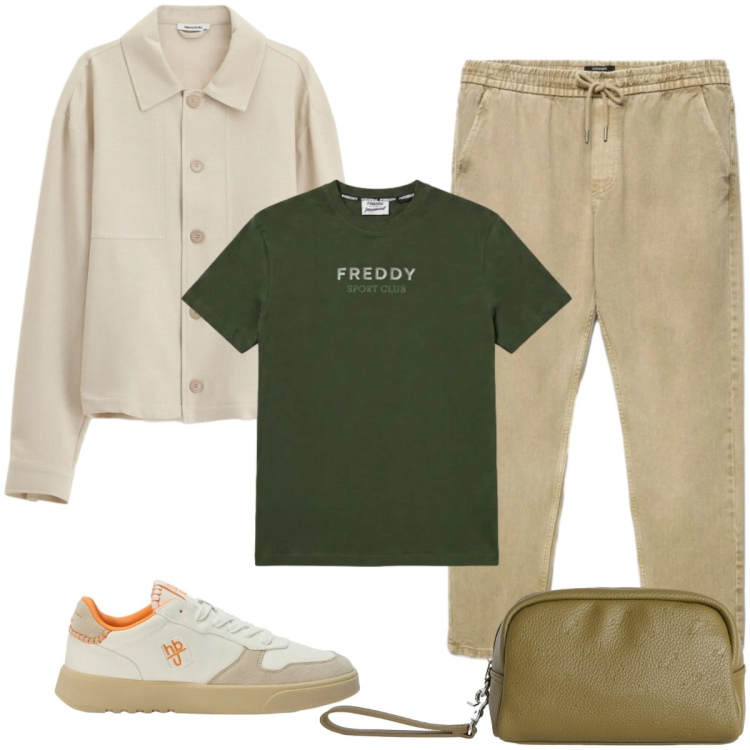 Outfit uomo - Nei toni del beige. Stile Casual per Tutti i giorni. Abbinamento con borse sportive, sneakers, camicie, pantaloni, t-shirt.