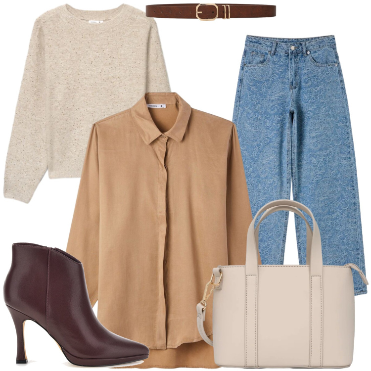 Outfit donna - Genny. Stile Casual chic per Ufficio. Abbinamento con camicie, borse a tracolla, jeans, cinture, maglieria, stivaletti.