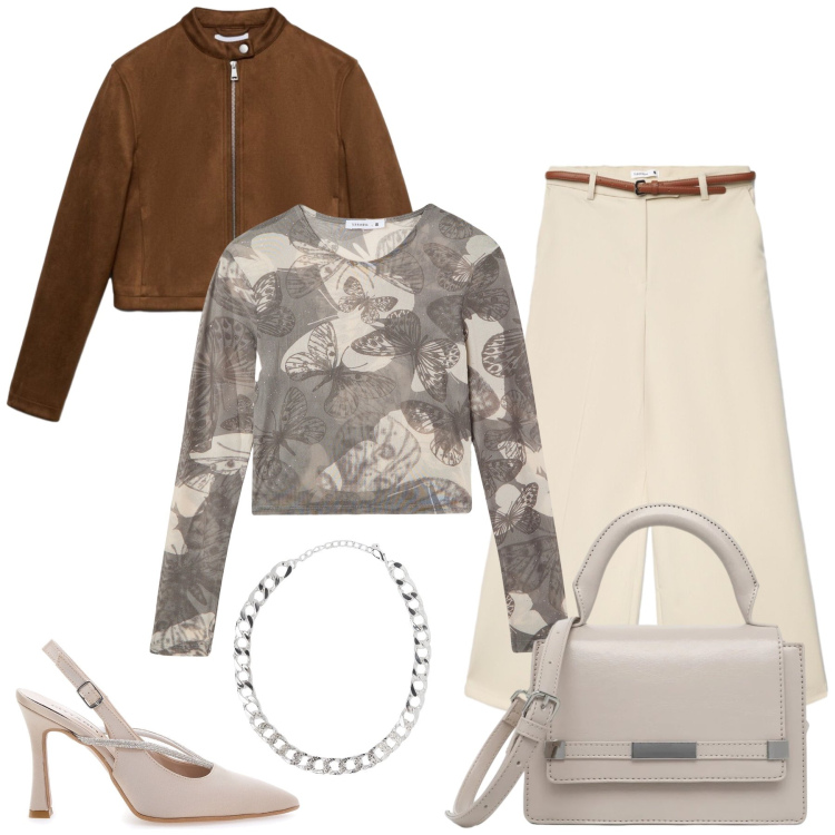 Outfit donna - Alessia. Stile Casual chic per Ufficio. Abbinamento con t-shirt, collane, giacche, pantaloni, borse a tracolla, décolleté.