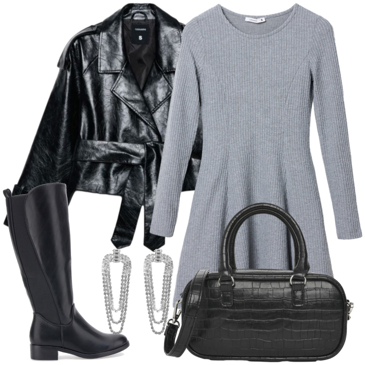 Outfit donna - Paola. Stile Casual chic per Ufficio. Abbinamento con vestiti corti, trench, orecchini, borse a tracolla, stivali.
