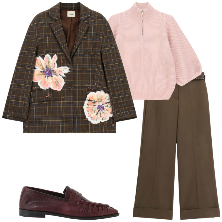 Outfit donna - Dixie new collection. Stile Glamour per Tutti i giorni. Abbinamento con pantaloni a palazzo, maglieria, blazer, mocassini.