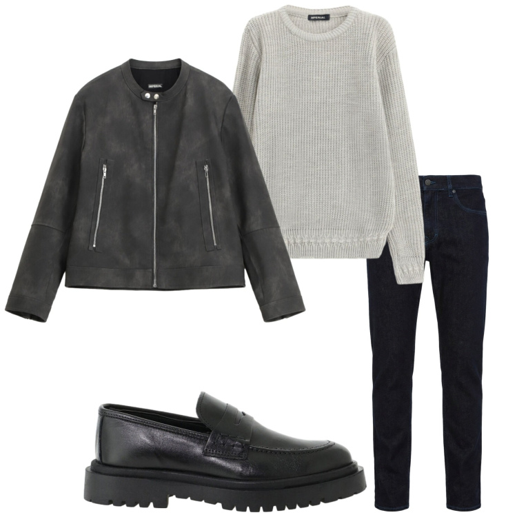 Outfit uomo - Urban autunnale. Stile Urban per Tutti i giorni. Abbinamento con jeans, giacche, scarpe stringate, maglieria.