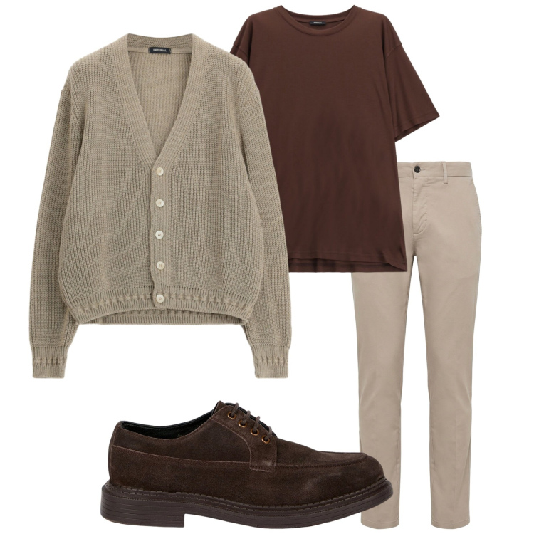 Outfit uomo - In ufficio. Stile Casual per Ufficio. Abbinamento con pantaloni, cardigans, t-shirt, scarpe stringate.