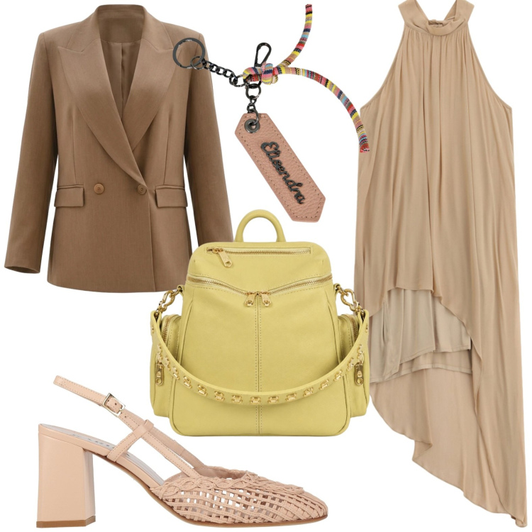 Outfit donna - Abito asimmetrico. Stile Glamour per Tutti i giorni. Abbinamento con décolleté, vestiti asimmetrici, blazer, portachiavi, zaini.
