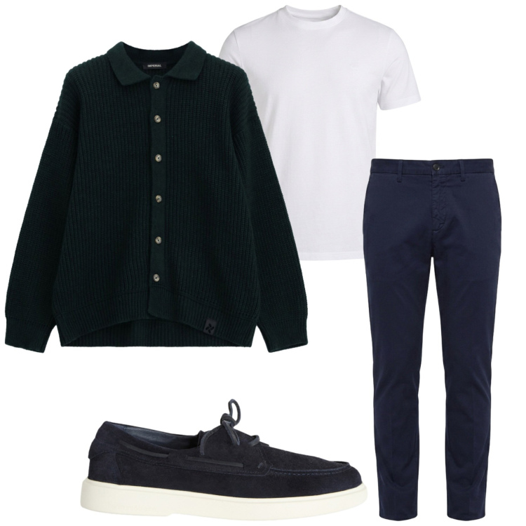 Outfit uomo - Serata di settembre. Stile Casual per Tutti i giorni. Abbinamento con scarpe stringate, pantaloni chino, t-shirt, cardigans.