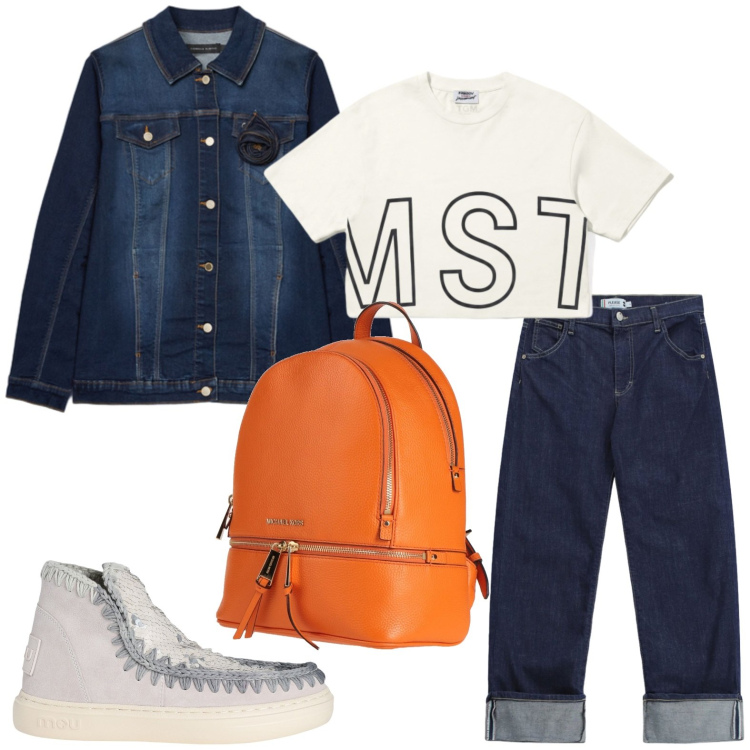 Outfit donna - Jeans lover. Stile Casual per Tutti i giorni. Abbinamento con stivaletti, zaini, jeans dritti, t-shirt, cappotti.