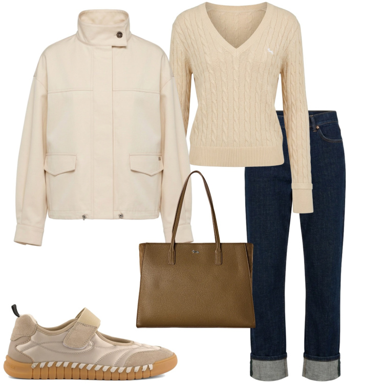 Outfit donna - Harmont &Blaine. Stile Casual per Tutti i giorni. Abbinamento con pullovers, bomber, jeans dritti, shopping bag, ballerine.