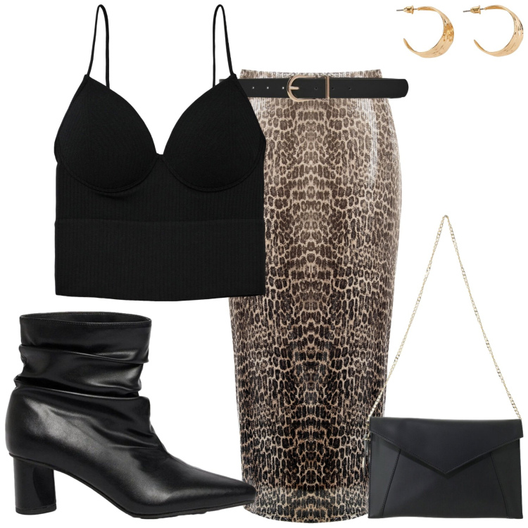 Outfit donna - Seduzione Animalier. Stile Minimal per Serata fuori. Abbinamento con orecchini, stivaletti, borse a tracolla, top, cinture, gonne longuette.