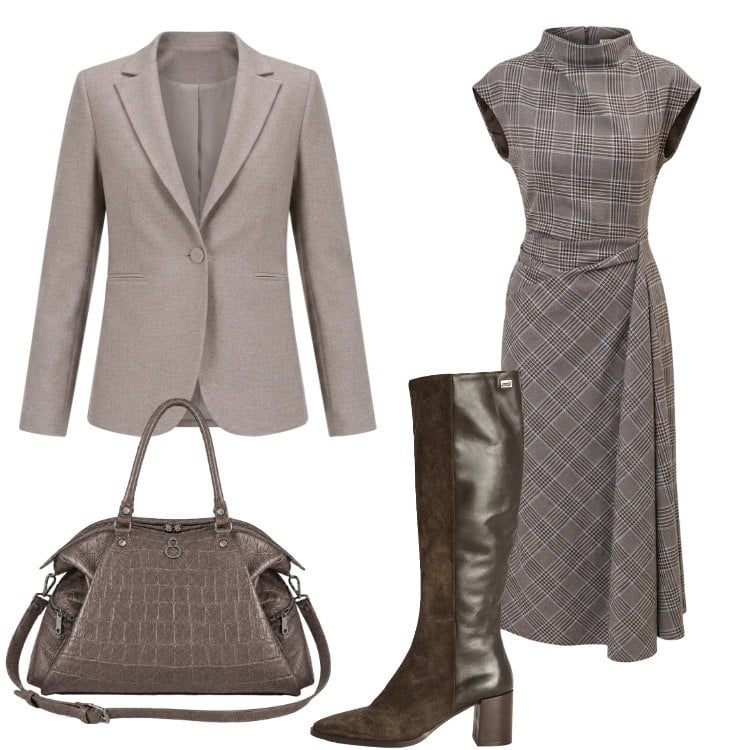 Outfit donna - Eleganza per il rientro. Stile Minimal per Ufficio. Abbinamento con stivali, vestiti asimmetrici, blazer, shopping bag.