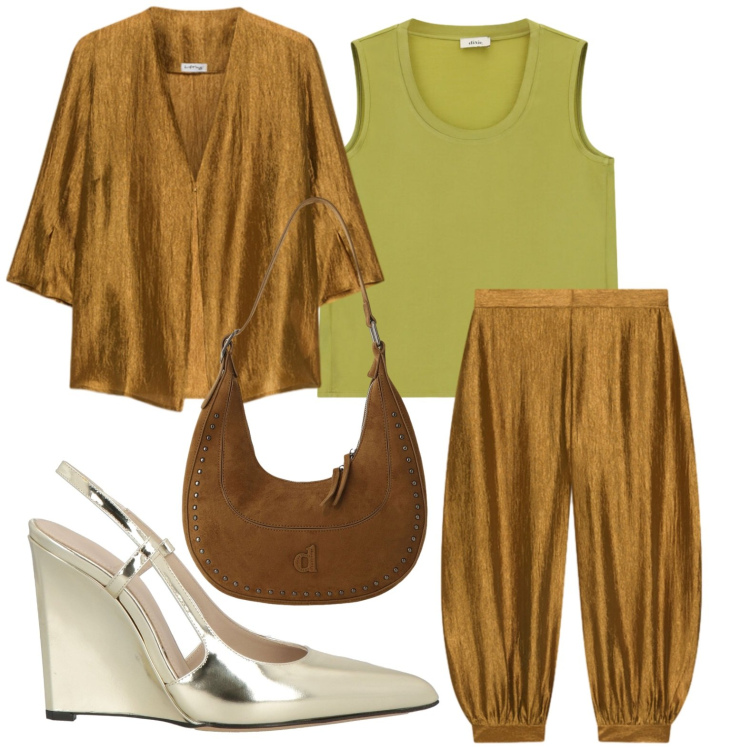 Outfit donna - Eleganza innata. Stile Casual chic per Tutti i giorni. Abbinamento con décolleté, borse a spalla, top, pantaloni, blazer.