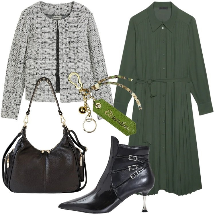 Outfit donna - Il vestito chemisier autunnale. Stile Trendy per Ufficio. Abbinamento con cardigans, stivaletti, vestiti chemisier, borse a spalla, portachiavi.