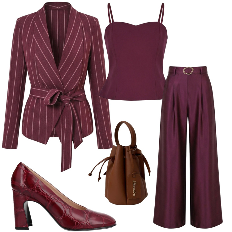 Outfit donna - Rinascimento. Stile Chic per Cerimonia. Abbinamento con décolleté, blazer, pantaloni a palazzo, top, borse a secchiello.