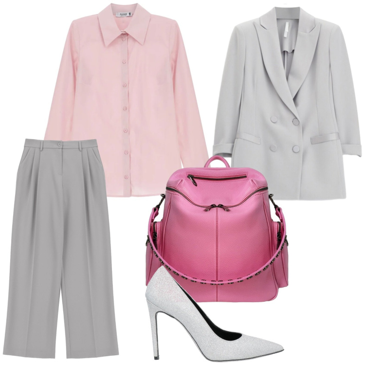 Outfit donna - Nuance grey. Stile Casual per Ufficio. Abbinamento con décolleté, blazer, pantaloni a palazzo, camicie, zaini.