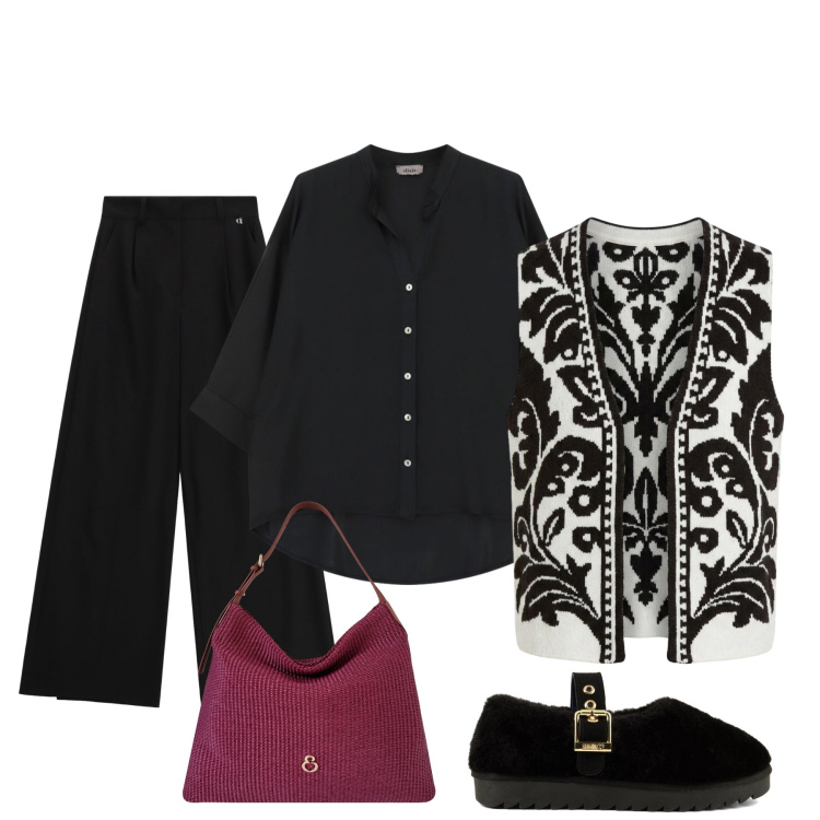 Outfit donna - Tradizione e modernità. Stile Etnico per Serata fuori. Abbinamento con pantaloni a palazzo, camicie, gilet, borse a spalla, ballerine.