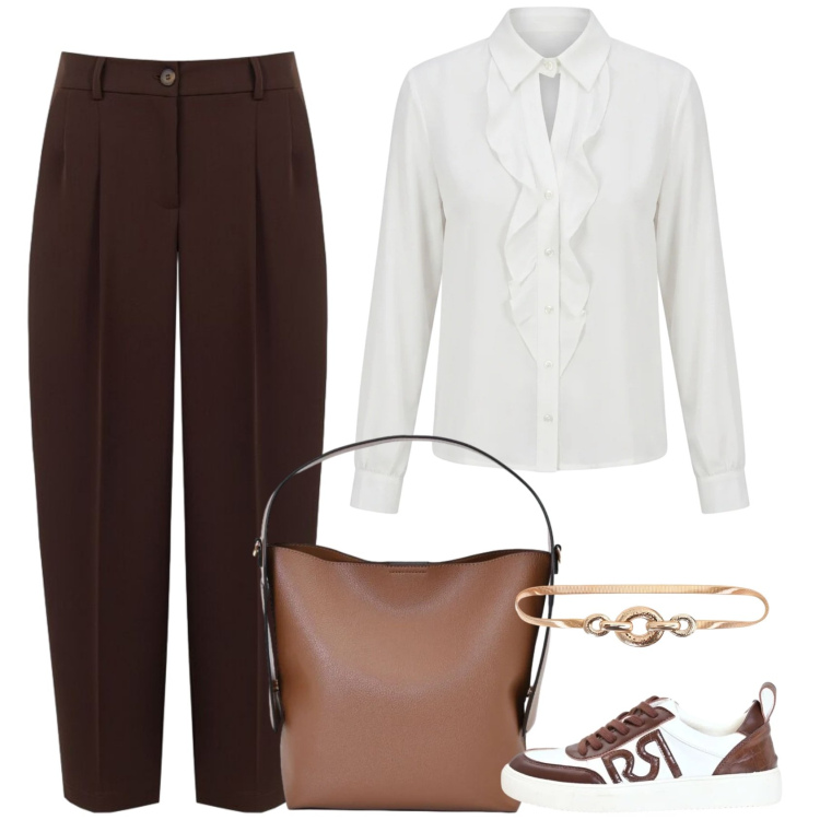 Outfit donna - Lunedì sprint. Stile Casual per Ufficio. Abbinamento con borse a mano, cinture, sneakers, camicie, pantaloni.