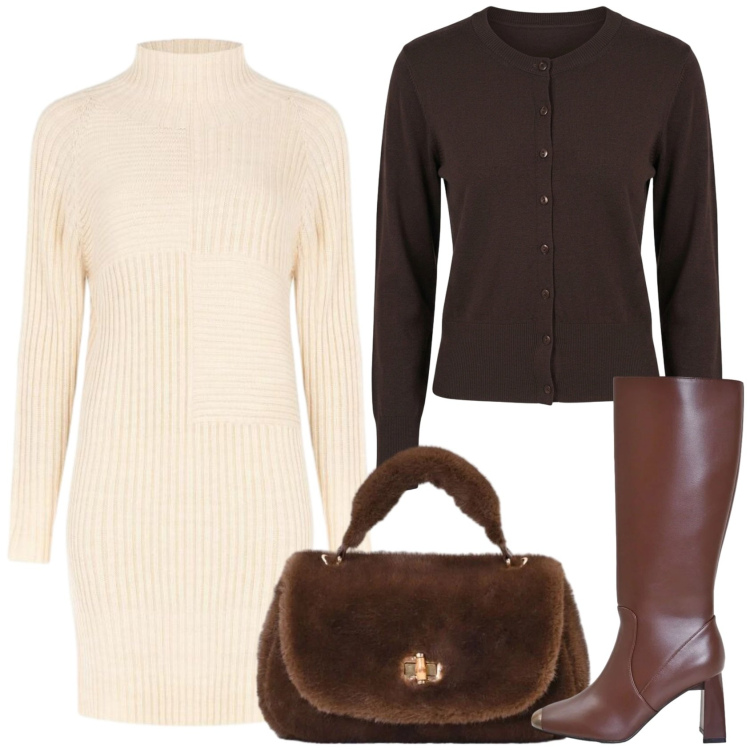 Outfit donna - Autunno inoltrato. Stile Casual chic per Ufficio. Abbinamento con borse a mano, stivali sopra il ginocchio, cardigans, vestiti midi/longuette.