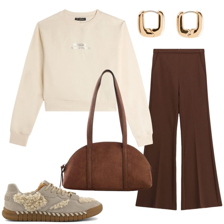 Outfit donna - Sara. Stile Casual chic per Tutti i giorni. Abbinamento con borse a tracolla, orecchini, pantaloni, felpe, sneakers.