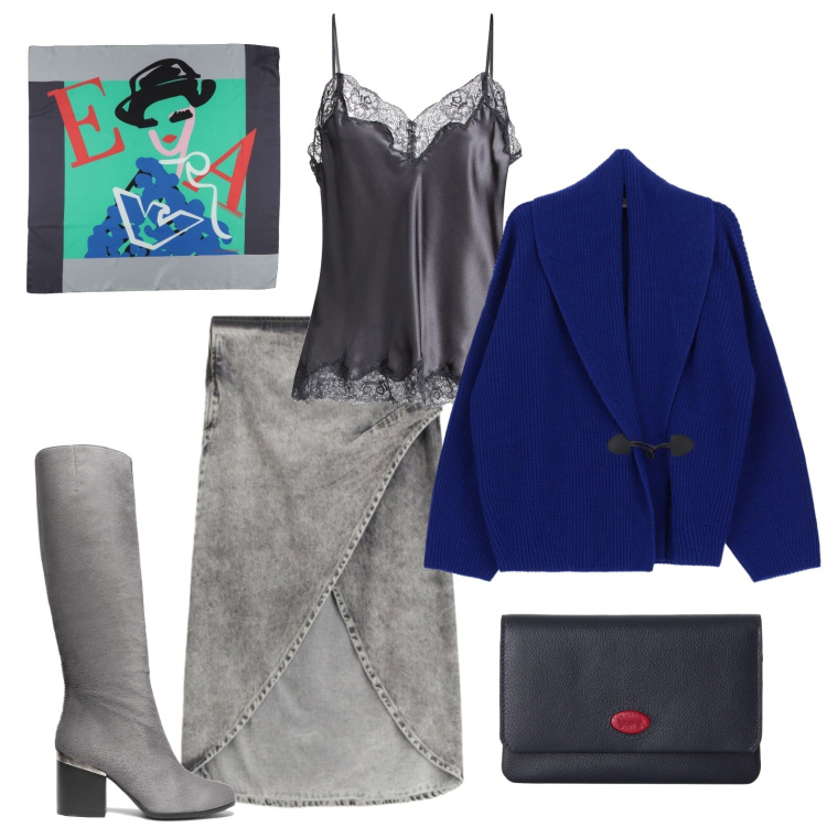Outfit donna - Lunedì d\'autunno. Stile Casual chic per Ufficio. Abbinamento con stivali, sciarpe, top, portafogli, gonne longuette, cardigans.
