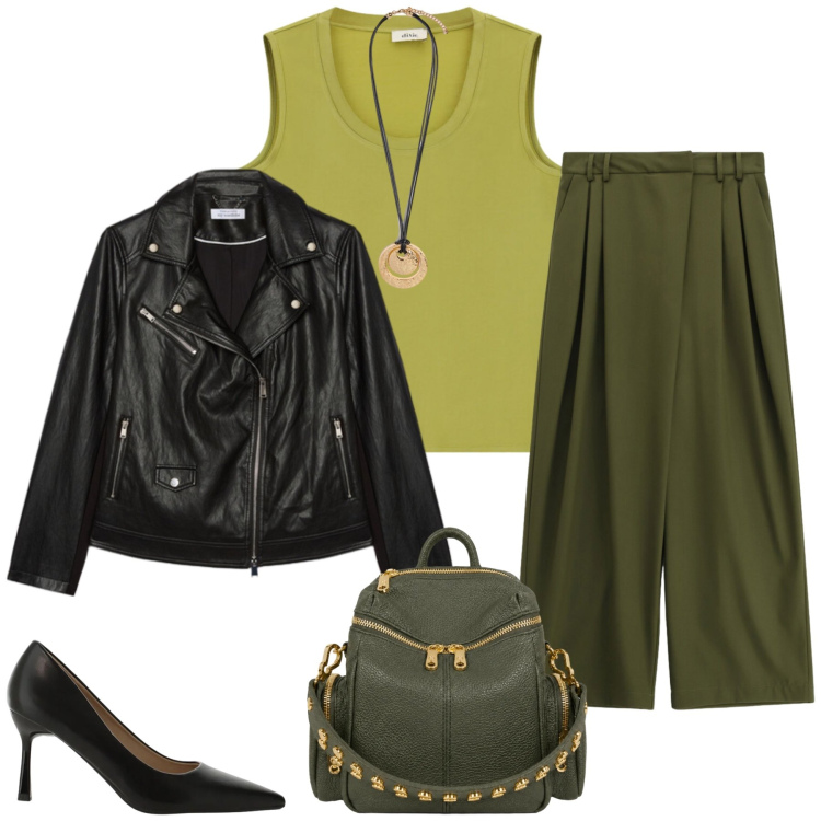 Outfit donna - Mindy. Stile Casual chic per Tutti i giorni. Abbinamento con décolleté, top, pantaloni a palazzo, ciondoli, giacche, zaini.