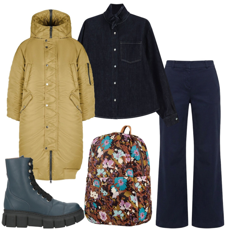 Outfit donna - Una giornata fredda e piovosa. Stile Casual per Tutti i giorni. Abbinamento con valigie, stivaletti, pantaloni, camicie, parka.