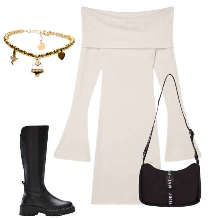 Outfit donna - Patrizia. Stile Casual chic per Tutti i giorni. Abbinamento con stivali, vestiti corti, braccialetti, borse a tracolla.