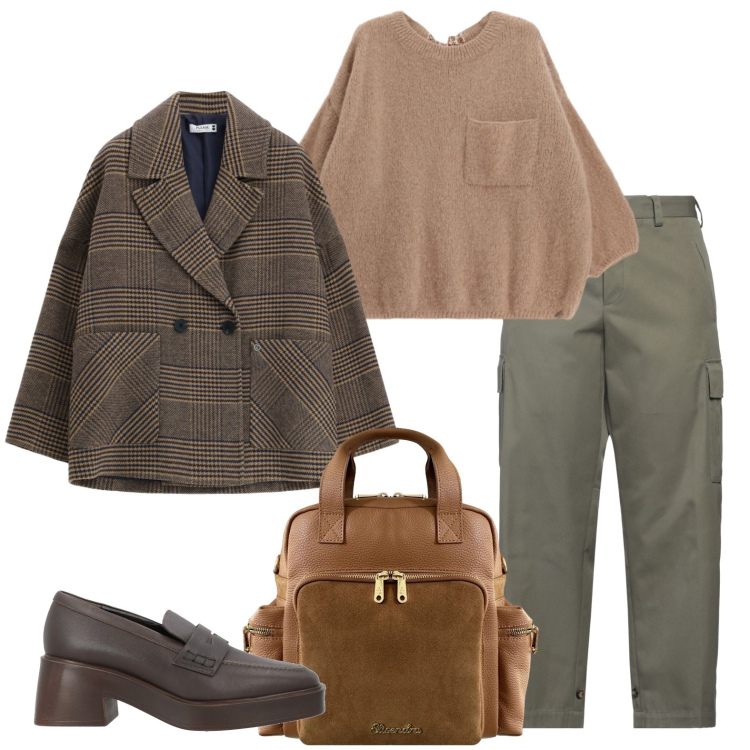 Outfit donna - Pronta per la stagione che cambia. Stile Casual chic per Ufficio. Abbinamento con mocassini, pantaloni cargo, pullovers, blazer, zaini.